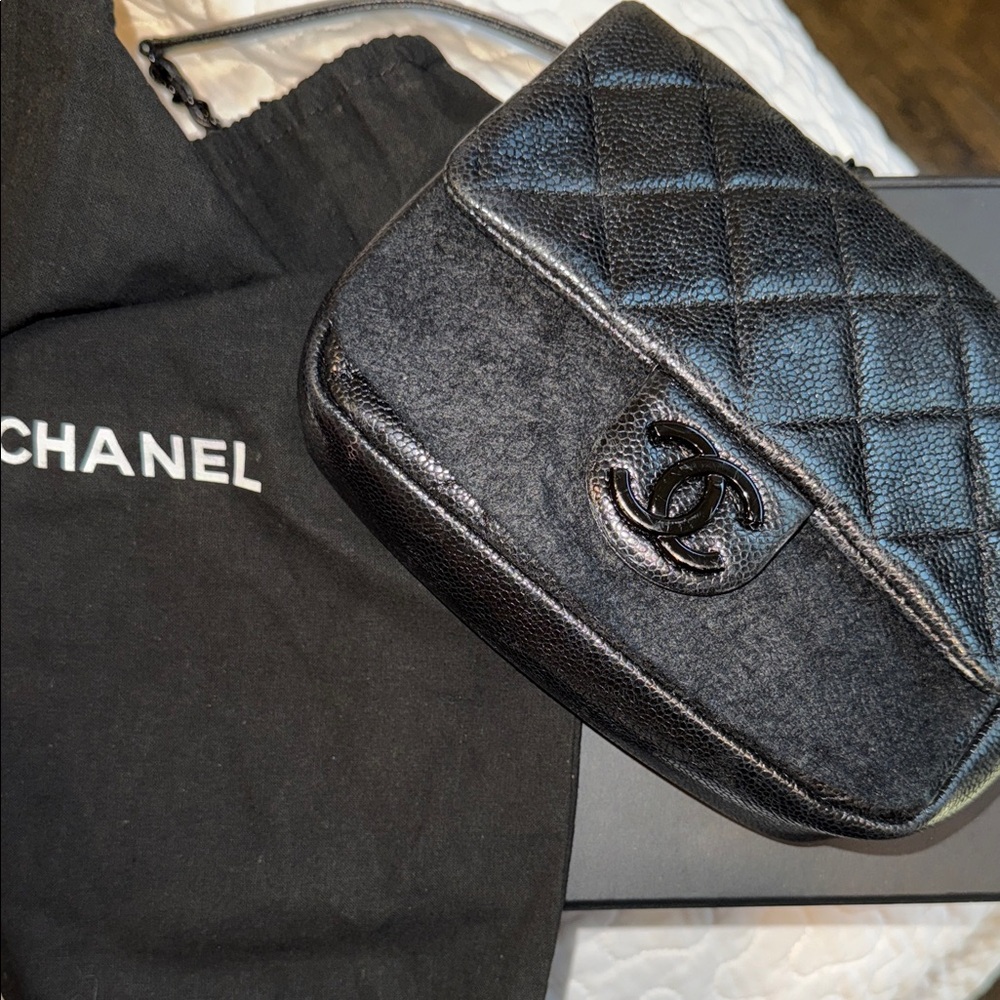 CHANEL Black Quilted Leather and Wool Pouch